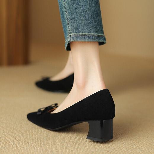 法式蝴蝶结粗跟浅口单鞋，方头磨砂皮气质中跟百搭通勤工作鞋NJMK&K828 商品图4