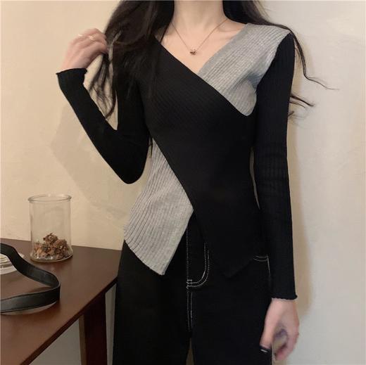 春秋【别致交叉设计感 小众不规则针织T恤衫】修身V领 打底欧美风上衣女 商品图3