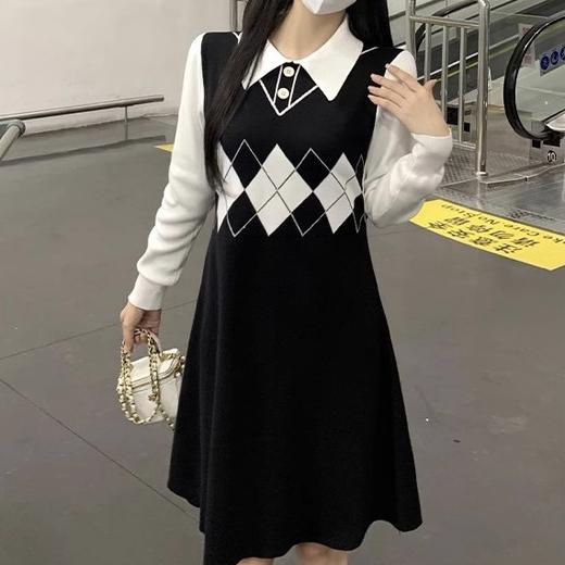 春秋新款【韩系学院风 polo领菱格】拼接假两件 长袖针织连衣裙 商品图6