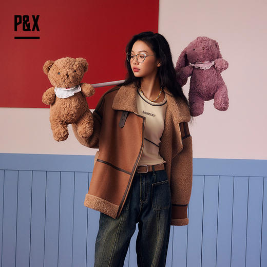 PX女装春季新款 皮毛一体短款外套时尚拼接 824113748 咖色 商品图1
