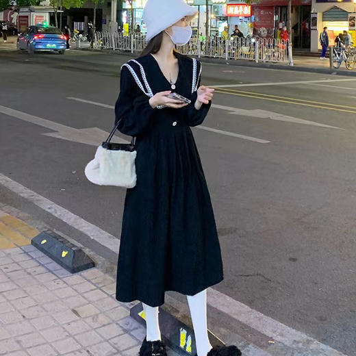 2025新款【春秋女装连衣裙 设计感双层海军领】灯芯绒 收腰显瘦 a字裙 商品图3