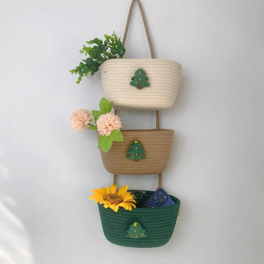 可爱圣诞树创意储物手工家用三连挂门后装饰口罩钥匙流苏三层挂篮 商品图2