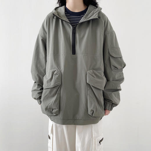 春季款【日系复古纯色连帽 套头大口袋】冲锋衣 中性风 户外机能工装外套 男女潮 商品图5