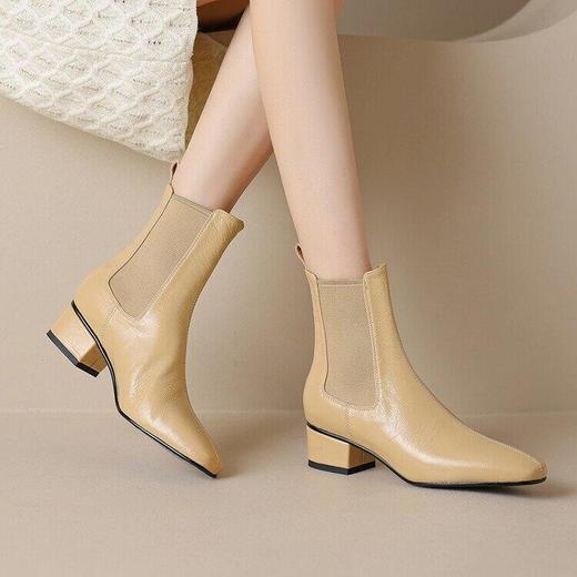 牛皮切尔西靴裸靴纯色方头粗跟中跟套筒女式单靴潮 商品图5