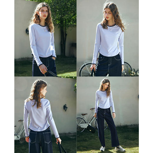 OLrain欧芮儿浅蓝色长袖T恤女早春2024年新款百搭高弹简约上衣 商品图2