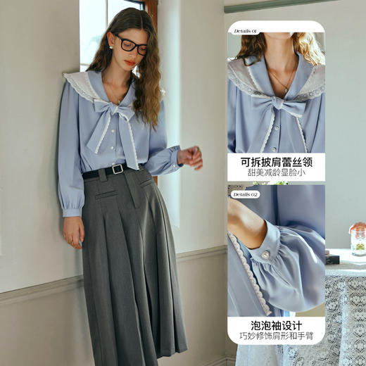 OLrain欧芮儿法式蓝色雪纺衫女早春2024新款蕾丝荷叶领小个子衬衫 商品图4