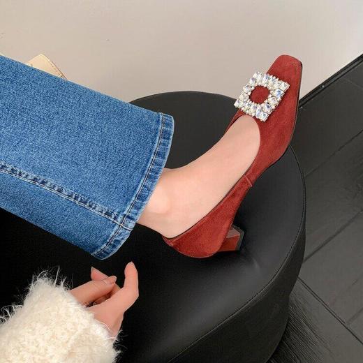 羊反皮水钻方扣鞋女浅口单鞋早春新款低帮粗跟鞋中跟方头浅口单鞋女 商品图1