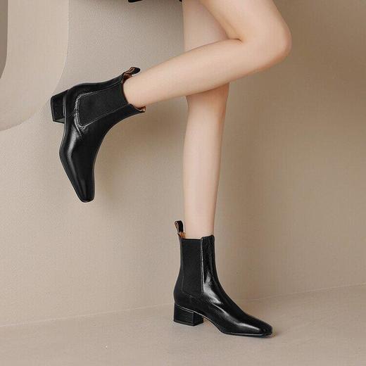 牛皮切尔西靴裸靴纯色方头粗跟中跟套筒女式单靴潮 商品图8