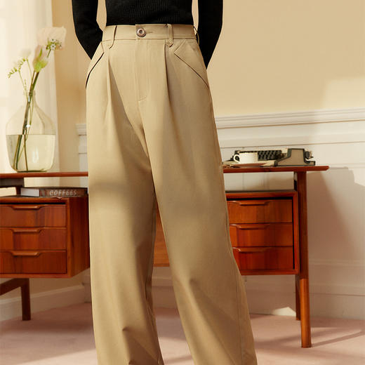 两三事任朝暮2024春季新款简约折边高腰直筒休闲裤女 商品图1