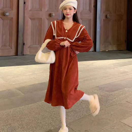 2025新款【春秋女装连衣裙 设计感双层海军领】灯芯绒 收腰显瘦 a字裙 商品图6