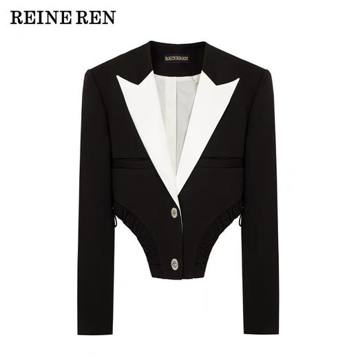 撞⾊环保蛋⽩⽪驳领箱型⾦属转扣外套 商品图3