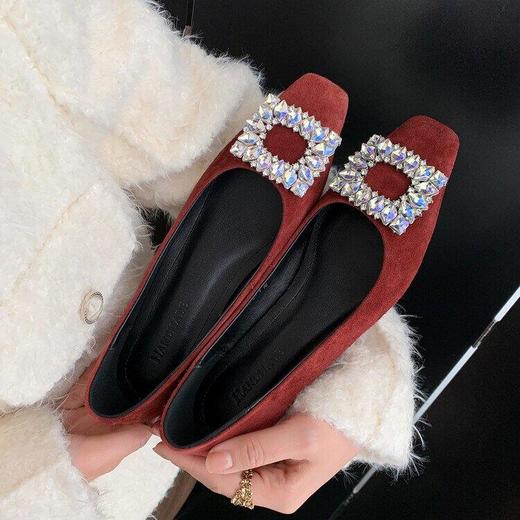 羊反皮水钻方扣鞋女浅口单鞋早春新款低帮粗跟鞋中跟方头浅口单鞋女 商品图0