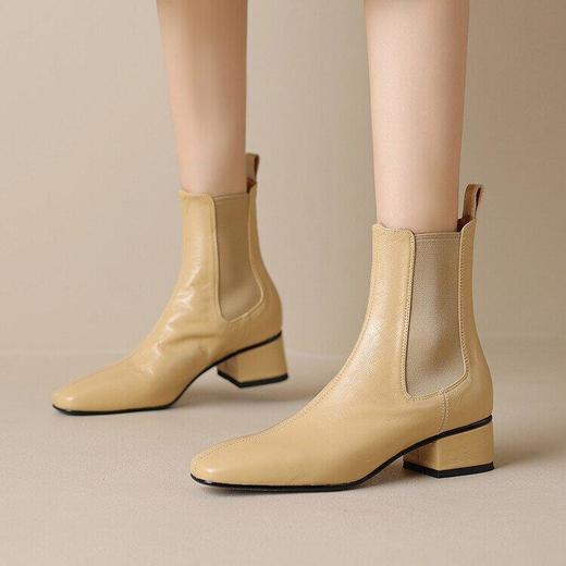 牛皮切尔西靴裸靴纯色方头粗跟中跟套筒女式单靴潮 商品图3