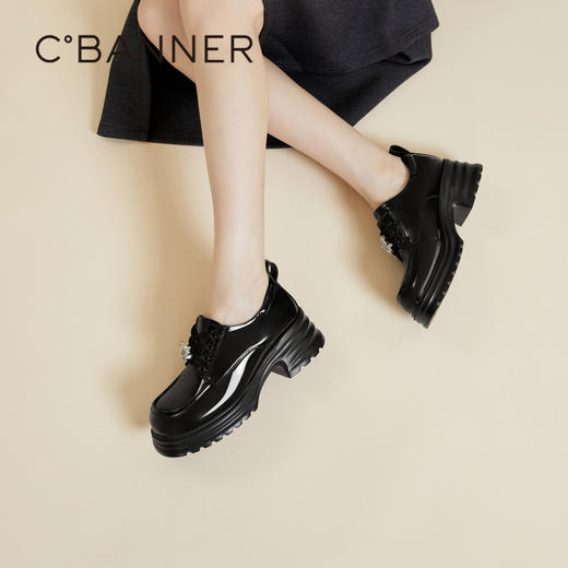 千百度时尚真皮英伦简约牛津鞋春季黑色系带单鞋小皮鞋A24130715 商品图4