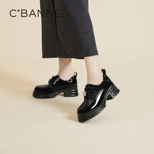 千百度时尚真皮英伦简约牛津鞋春季黑色系带单鞋小皮鞋A24130715 商品图0