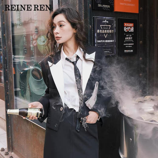 撞⾊环保蛋⽩⽪驳领箱型⾦属转扣外套 商品图0