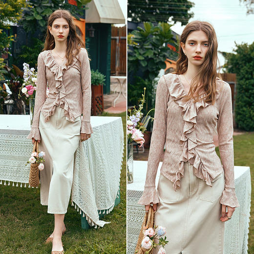 OLrain欧芮儿长袖T恤女春季2024新款慵懒风不规则荷叶边针织上衣 商品图4