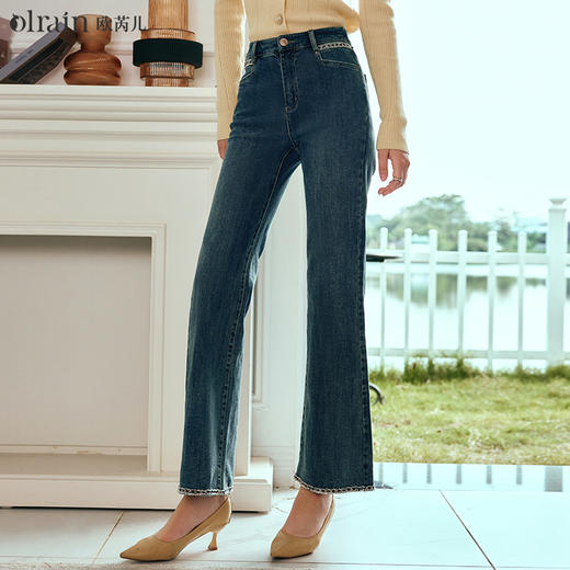 OLrain欧芮儿蓝色微喇牛仔裤女早春2024新款高腰显瘦百搭水洗长裤 商品图0