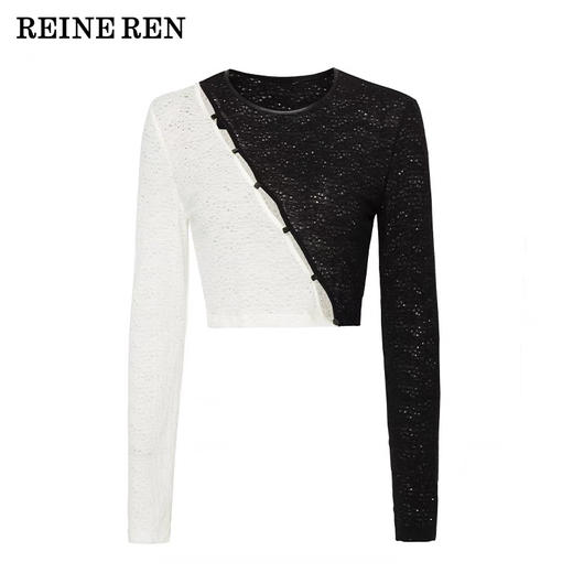 ⿊⽩撞⾊拼接镂空⻓袖上⾐ 商品图3