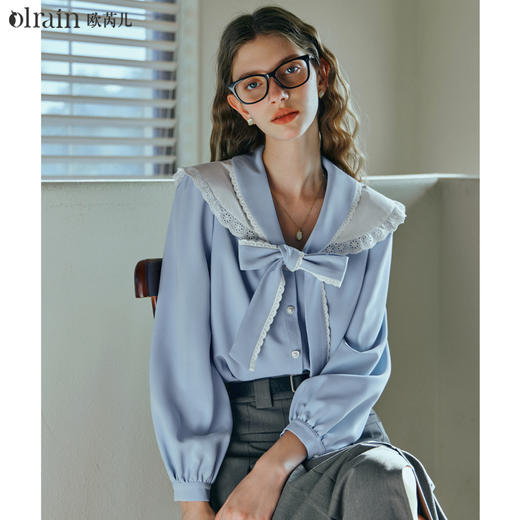 OLrain欧芮儿法式蓝色雪纺衫女早春2024新款蕾丝荷叶领小个子衬衫 商品图0