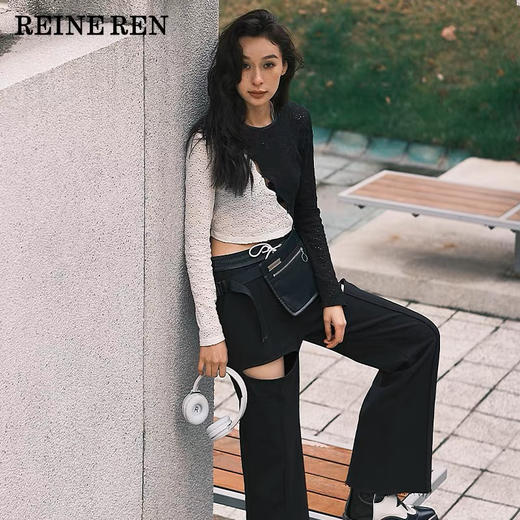 ⿊⽩撞⾊拼接镂空⻓袖上⾐ 商品图2