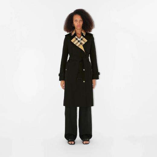 【一】BURBERRY 巴宝莉 女士长款格纹衣领嘎巴甸 Trench 风衣 黑色 8076362 A1189 商品图1