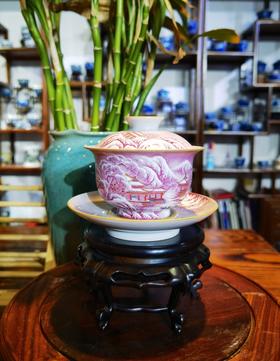 玛瑙红雪景山水＜踏雪访友＞盖碗