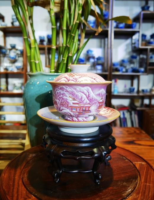 玛瑙红雪景山水＜踏雪访友＞盖碗 商品图0