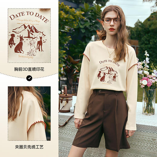 OLrain欧芮儿美式复古卫衣女早春2024新款设计感宽松圆领T恤上衣 商品图3