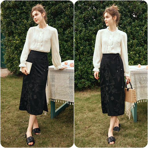 OLrain欧芮儿法式蕾丝雪纺衫女春季2024新款浪漫荷叶边长袖衬衫 商品图4