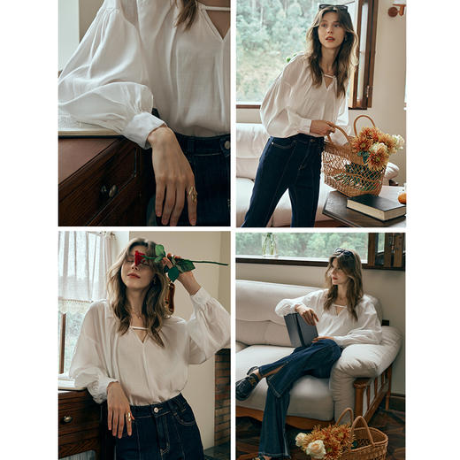 OLrain欧芮儿米白色蕾丝雪纺衫女初秋2023新款法式宽松灯笼袖小衫 商品图2