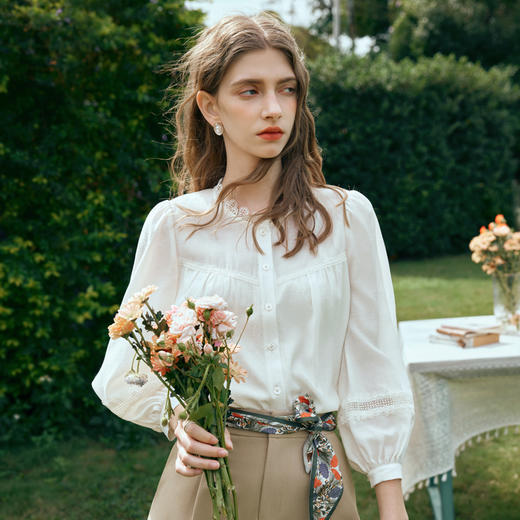 OLrain欧芮儿米白色雪纺衫女早春2024新款设计感气质蕾丝衬衣上衣 商品图1