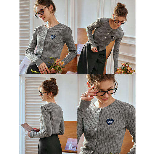 OLrain欧芮儿灰色针织衫女早春2024年新款复古麻花学院风毛开衫 商品图2