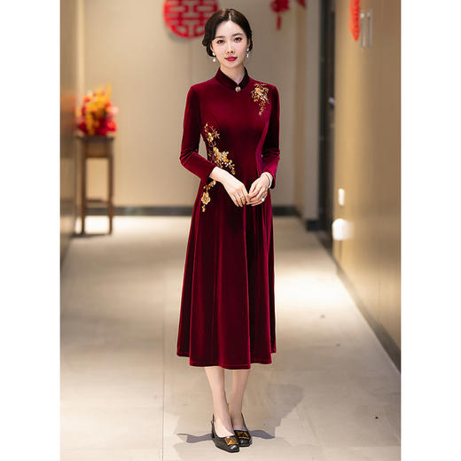 妈妈婚宴装礼服丝绒旗袍，喜婆婆婚礼喜服平时可穿气质高贵HY2308 商品图0