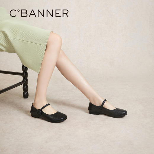 千百度羊皮面玛丽珍鞋春季平底鞋小香风单鞋女休闲两穿A24100950 商品图4