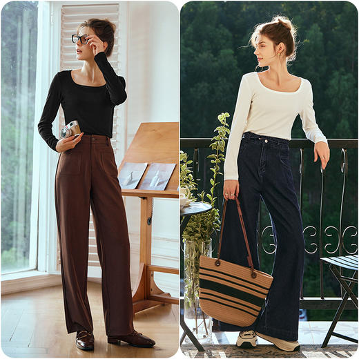 OLrain欧芮儿白色长袖T恤女早春2024新款修身显瘦坑条方领打底衫 商品图4