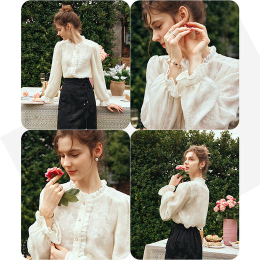 OLrain欧芮儿法式蕾丝雪纺衫女春季2024新款浪漫荷叶边长袖衬衫 商品图2