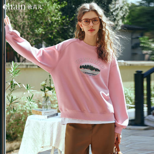 OLrain欧芮儿美式粉色卫衣女早春2024新款复古圆领减龄印花上衣 商品图0