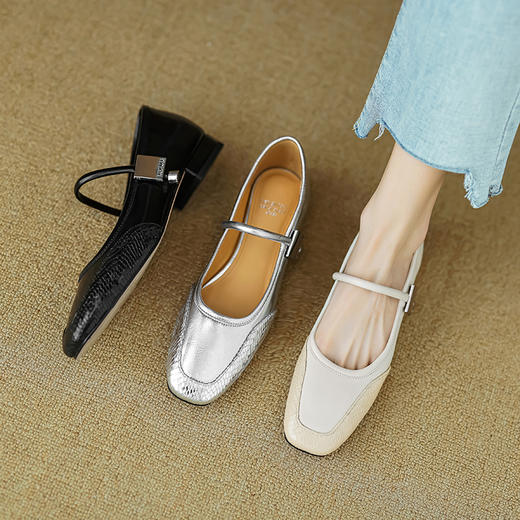 春季新款，真皮拼色浅口低跟单鞋HB-1021 商品图0