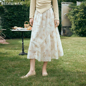 OLrain欧芮儿杏色半身裙女早春2024年新款不规则水墨印花高腰裙子