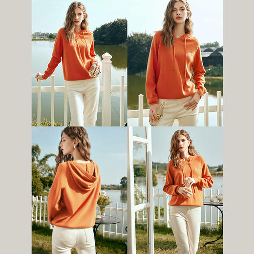 OLrain欧芮儿桔色连帽针织衫女早春2024年新款修身百搭薄款套头衫 商品图2