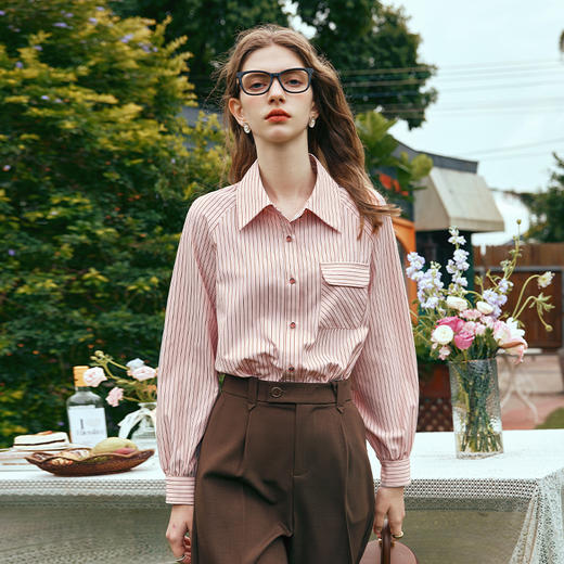 OLrain欧芮儿粉色条纹衬衫女早春2024年新款法式气质通勤衬衣上衣 商品图1