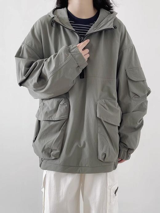 春季款【日系复古纯色连帽 套头大口袋】冲锋衣 中性风 户外机能工装外套 男女潮 商品图1