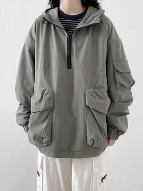春季款【日系复古纯色连帽 套头大口袋】冲锋衣 中性风 户外机能工装外套 男女潮