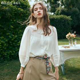 OLrain欧芮儿米白色雪纺衫女早春2024新款设计感气质蕾丝衬衣上衣
