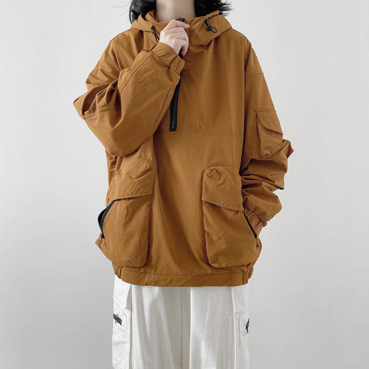 春季款【日系复古纯色连帽 套头大口袋】冲锋衣 中性风 户外机能工装外套 男女潮 商品图6
