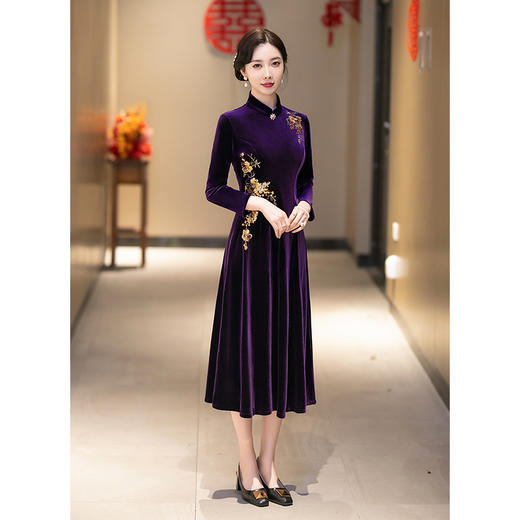妈妈婚宴装礼服丝绒旗袍，喜婆婆婚礼喜服平时可穿气质高贵HY2308 商品图2