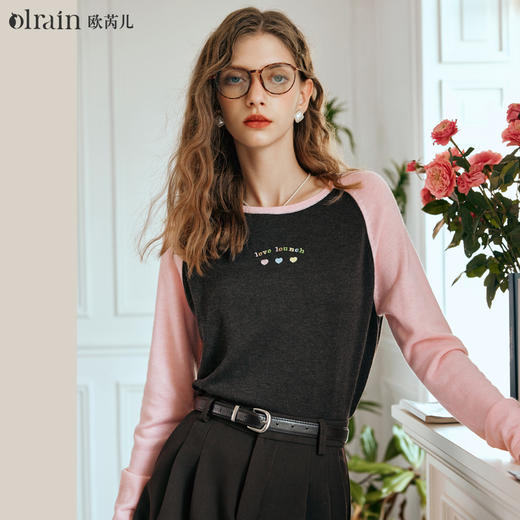 OLrain欧芮儿拼色针织衫女早春2024年新款修身设计感薄款打底衫 商品图0
