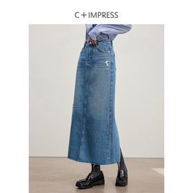西嘉C+IMPRESS/西嘉直筒牛仔半身裙女气质复古后开衩今年流行爆款半裙BQ2301014