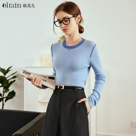 OLrain欧芮儿蓝色针织衫女秋冬2023年新款简约百搭撞色薄款套头衫 商品图0